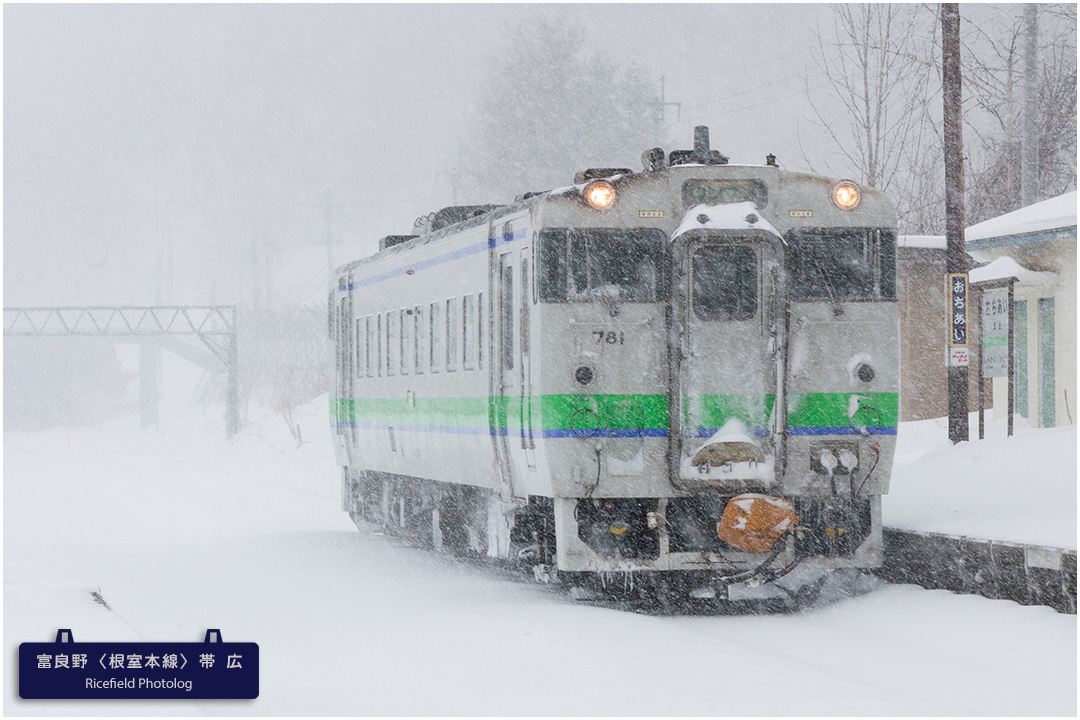 吹雪の落合駅で列車交換