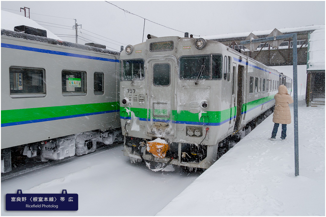 吹雪の落合駅で列車交換